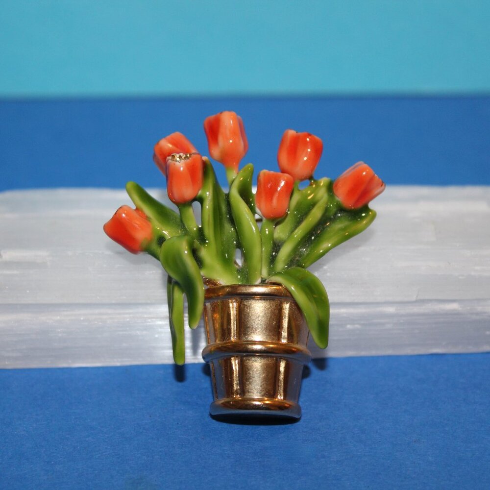 Vintage Pink Enamel Tulips in Gold Tone Bucket Spring Brooch Pin